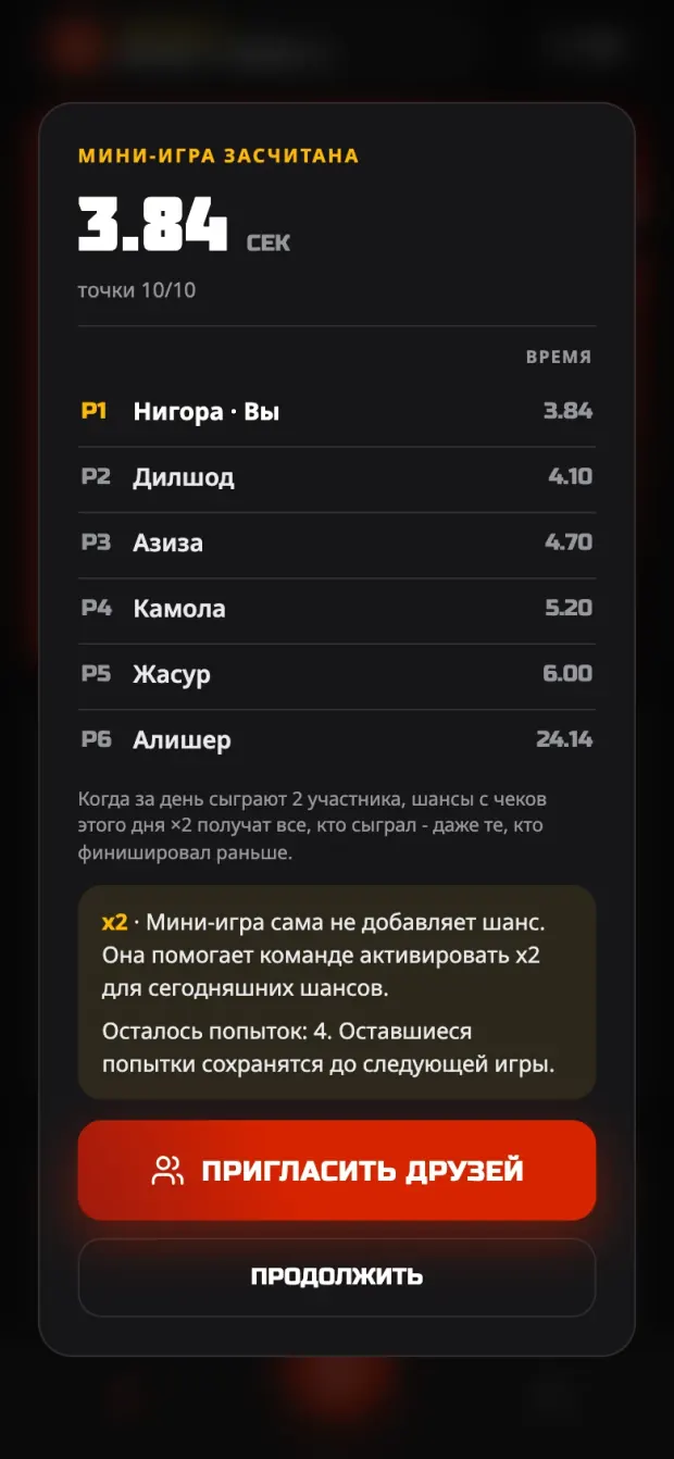 Mini-game result and daily leaderboard